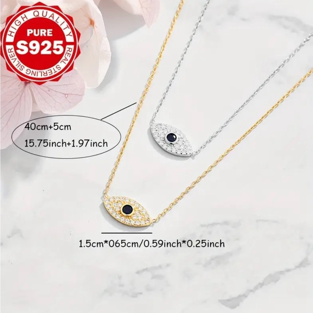 Elegant 925 Sterling Silver Gold Evil Eye Necklace - Picture 4 of 4